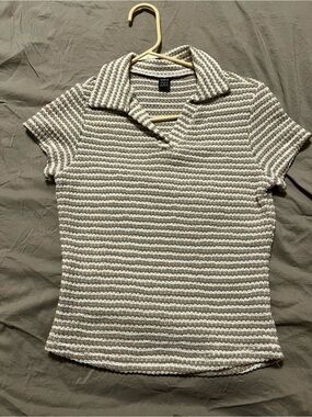 Striped Knit Polo Top in Beige and Cream